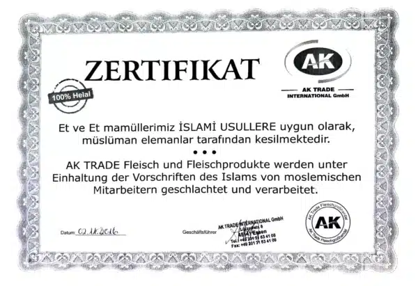 Offizielles Halal-Zertifikat für Rindfleisch von AK Trade Fleischgroßhandel